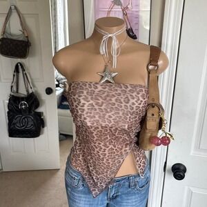 y2k 2000s bimbo leopard mesh asymmetrical strapless bandeau top